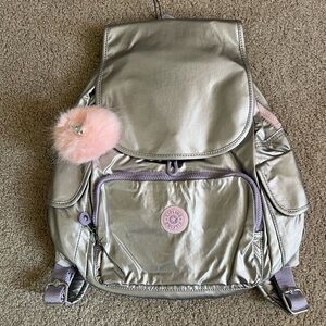 Kipling City Metallic Silver and Pink Backpack